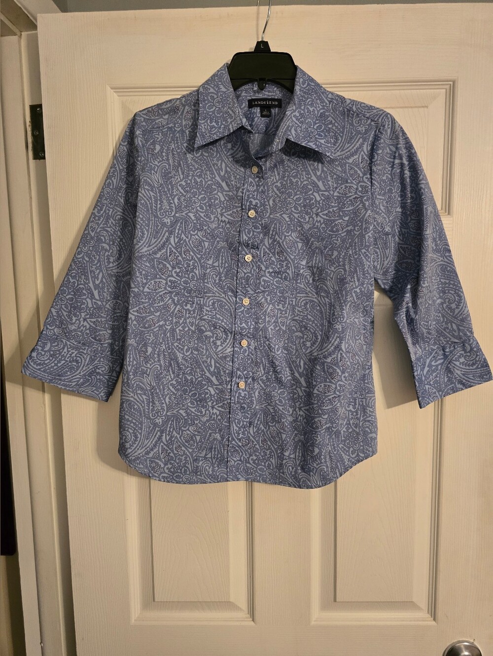 Lands' End Women's Light Blue Paisley Button-Down Shirt